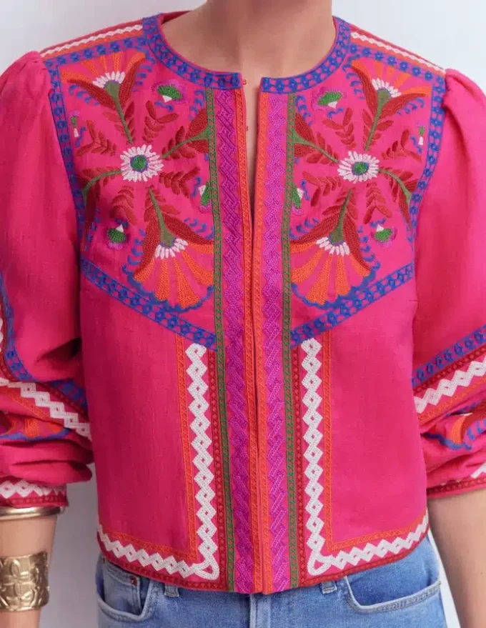 Embroidered Linen Jacket Pink Peony, Embroidered