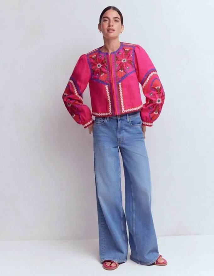 Embroidered Linen Jacket Pink Peony, Embroidered