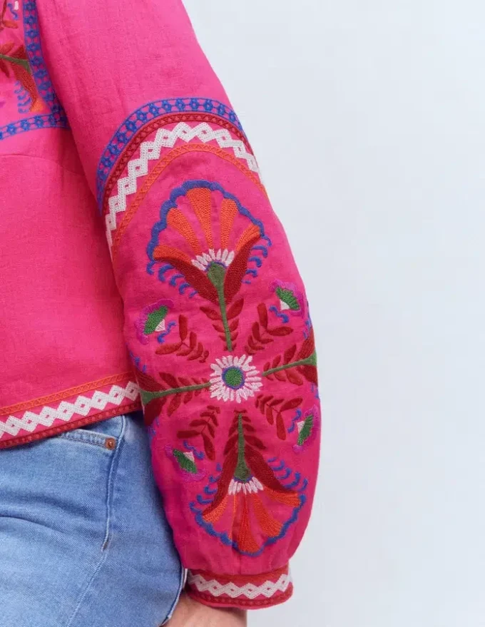 Embroidered Linen Jacket Pink Peony, Embroidered