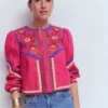 Embroidered Linen Jacket Pink Peony, Embroidered