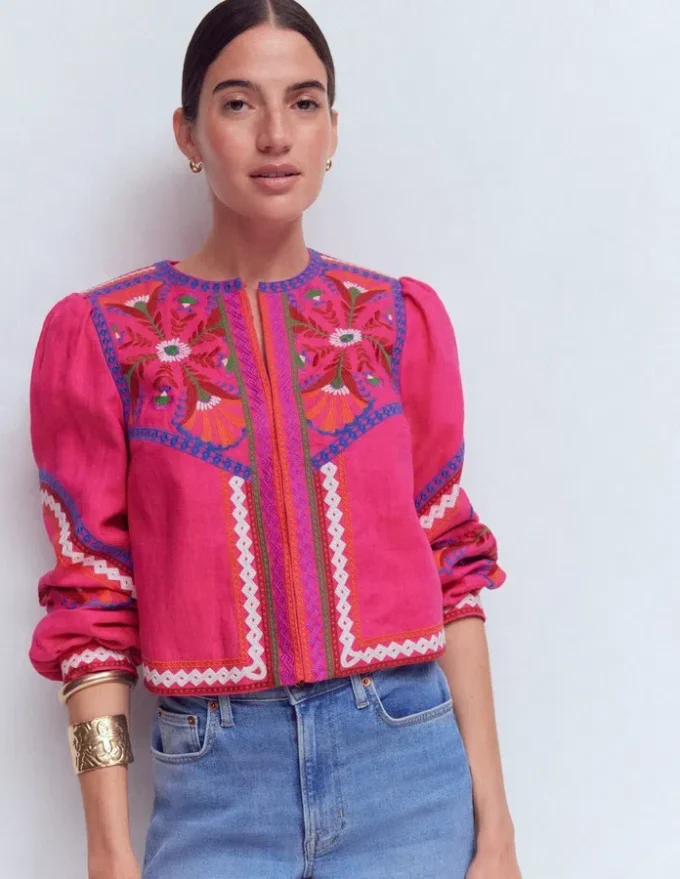 Embroidered Linen Jacket Pink Peony, Embroidered