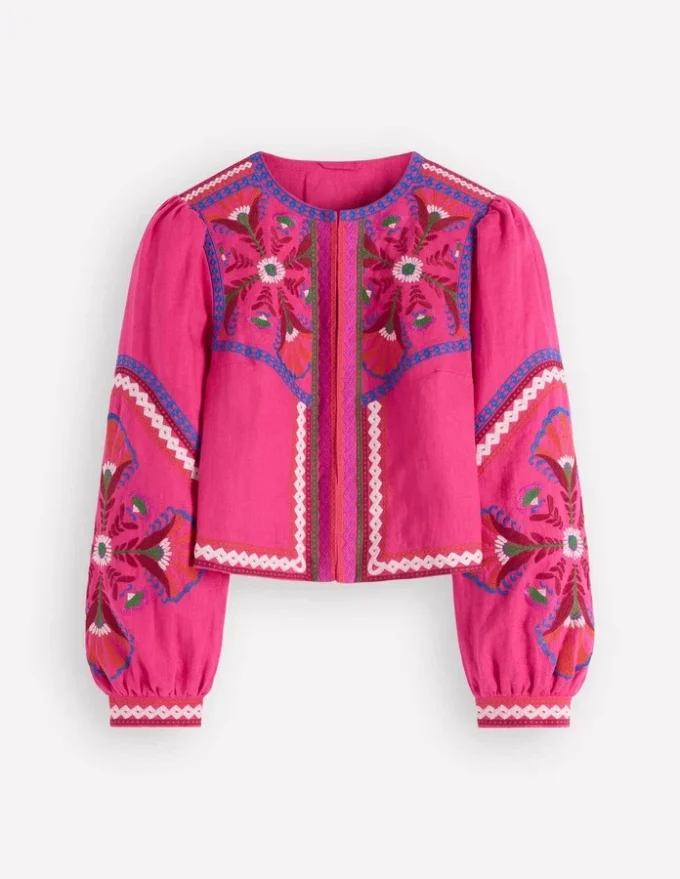 Embroidered Linen Jacket Pink Peony, Embroidered
