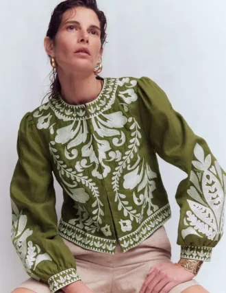 Embroidered Linen Jacket Woodland Green