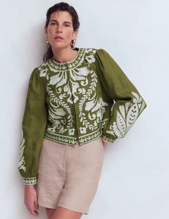 Embroidered Linen Jacket Woodland Green Embroidered Linen Jacket Woodland Green