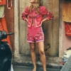 Embroidered Linen Shorts Pink Peony, Embroidered Embroidered Linen Shorts Pink Peony, Embroidered
