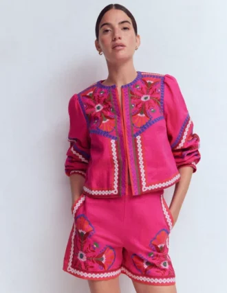 Embroidered Linen Shorts Pink Peony, Embroidered Embroidered Linen Shorts Pink Peony, Embroidered