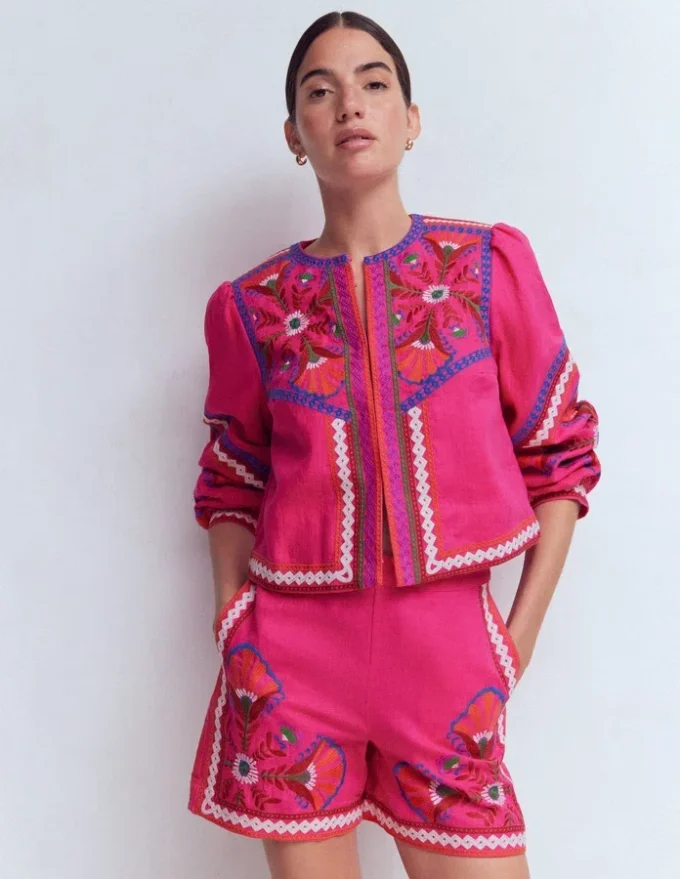 Embroidered Linen Shorts Pink Peony, Embroidered Embroidered Linen Shorts Pink Peony, Embroidered