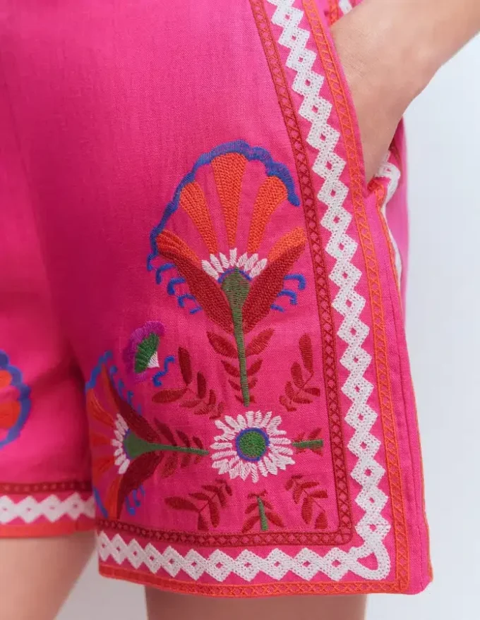 Embroidered Linen Shorts Pink Peony, Embroidered Embroidered Linen Shorts Pink Peony, Embroidered