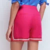 Embroidered Linen Shorts Pink Peony, Embroidered Embroidered Linen Shorts Pink Peony, Embroidered