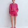 Embroidered Linen Shorts Pink Peony, Embroidered Embroidered Linen Shorts Pink Peony, Embroidered