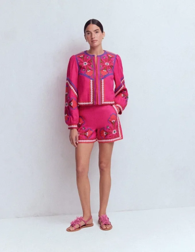 Embroidered Linen Shorts Pink Peony, Embroidered Embroidered Linen Shorts Pink Peony, Embroidered