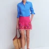 Embroidered Linen Shorts Pink Peony, Embroidered Embroidered Linen Shorts Pink Peony, Embroidered