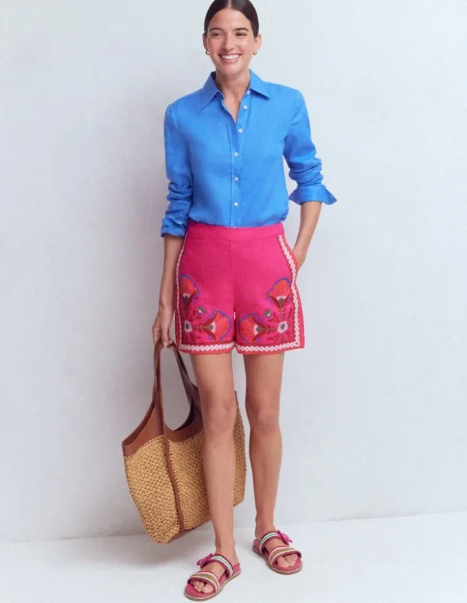 Embroidered Linen Shorts Pink Peony, Embroidered Embroidered Linen Shorts Pink Peony, Embroidered