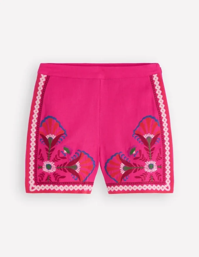 Embroidered Linen Shorts Pink Peony, Embroidered Embroidered Linen Shorts Pink Peony, Embroidered