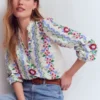 Embroidered Notch Neck Top Floral Embroidery Embroidered Notch Neck Top Floral Embroidery