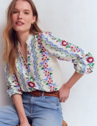 Embroidered Notch Neck Top Floral Embroidery