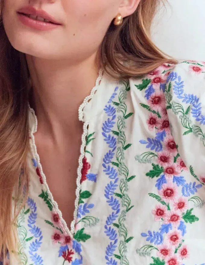 Embroidered Notch Neck Top Floral Embroidery Embroidered Notch Neck Top Floral Embroidery