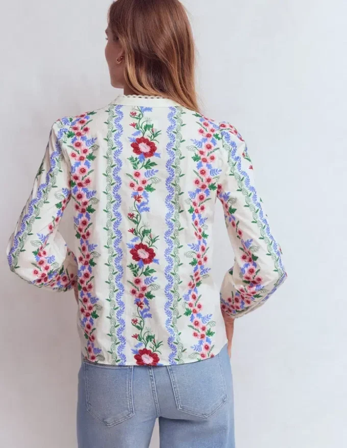 Embroidered Notch Neck Top Floral Embroidery Embroidered Notch Neck Top Floral Embroidery