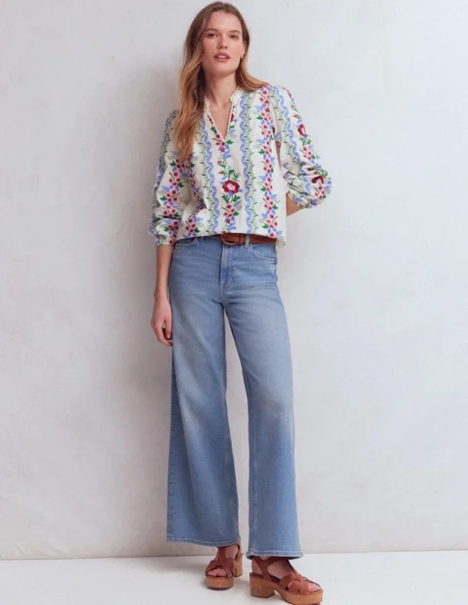 Embroidered Notch Neck Top Floral Embroidery Embroidered Notch Neck Top Floral Embroidery