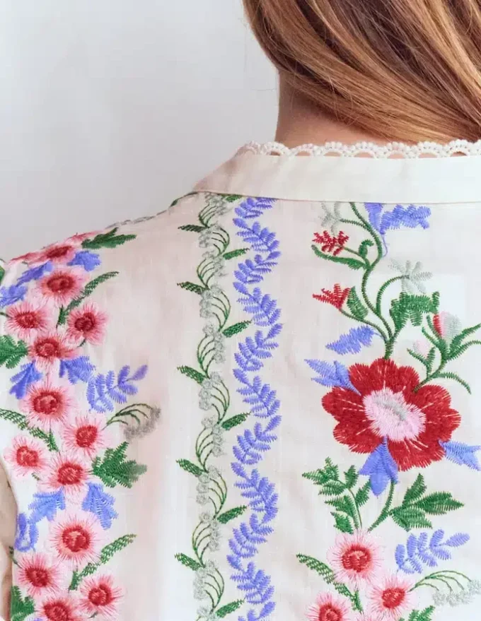 Embroidered Notch Neck Top Floral Embroidery Embroidered Notch Neck Top Floral Embroidery