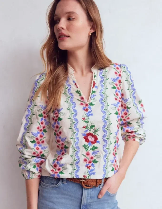 Embroidered Notch Neck Top Floral Embroidery Embroidered Notch Neck Top Floral Embroidery