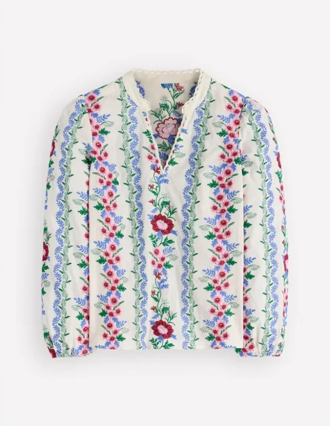 Embroidered Notch Neck Top Floral Embroidery Embroidered Notch Neck Top Floral Embroidery