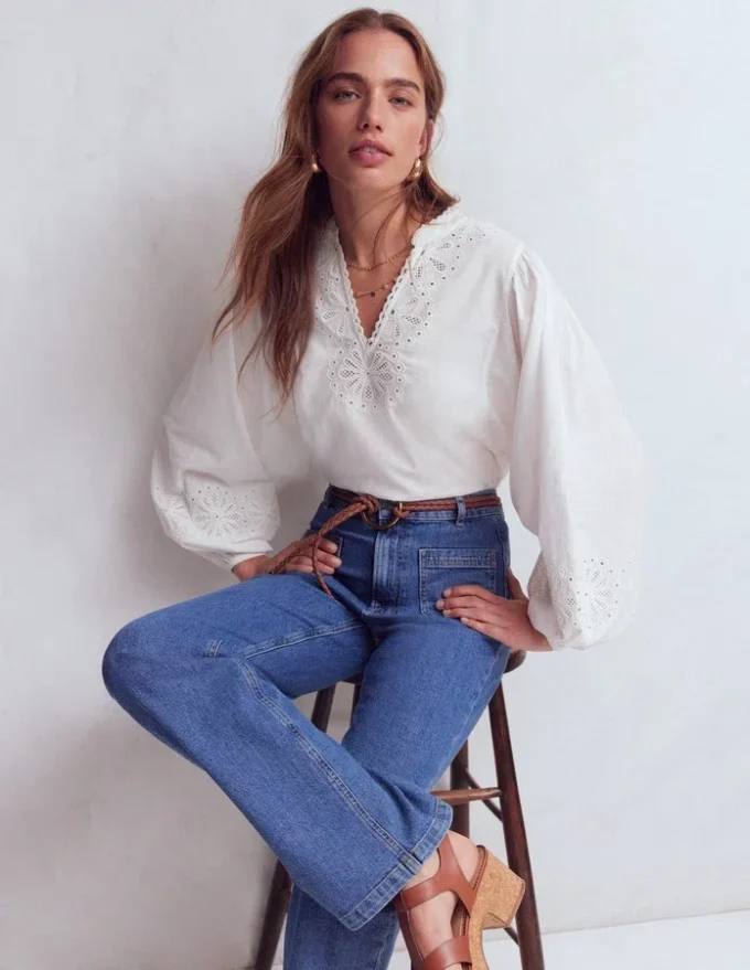 Embroidered Notch Neck Top White Embroidered Notch Neck Top White