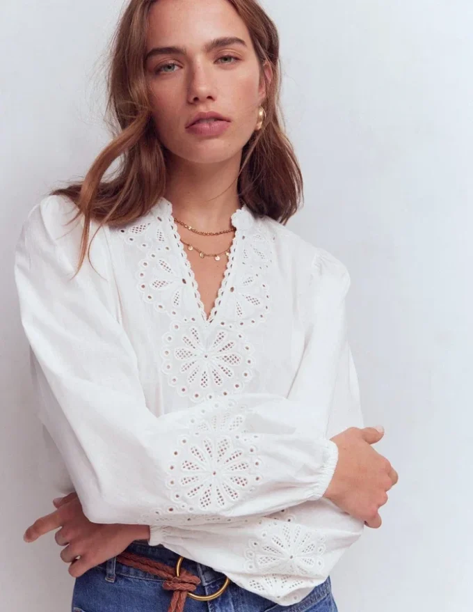 Embroidered Notch Neck Top White Embroidered Notch Neck Top White