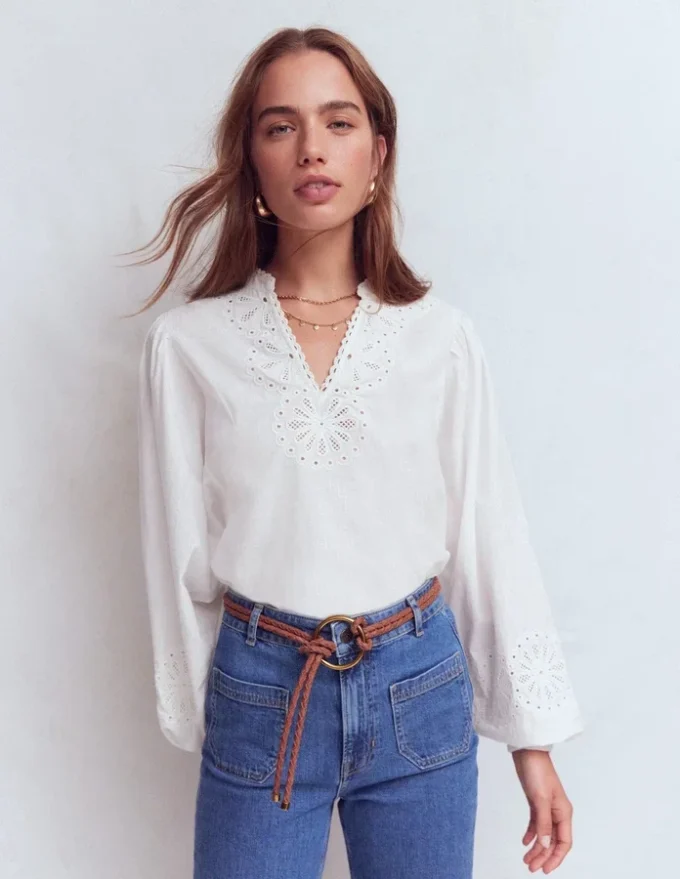 Embroidered Notch Neck Top White Embroidered Notch Neck Top White