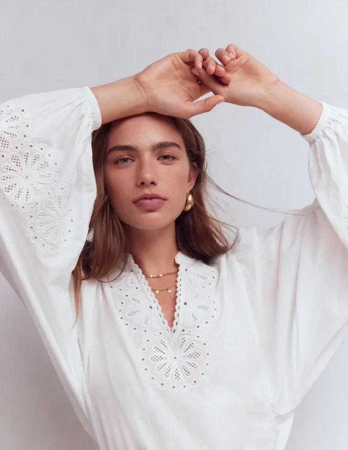 Embroidered Notch Neck Top White Embroidered Notch Neck Top White