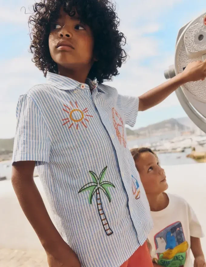 Embroidered Short Sleeve Shirt Sea Side Embroidery