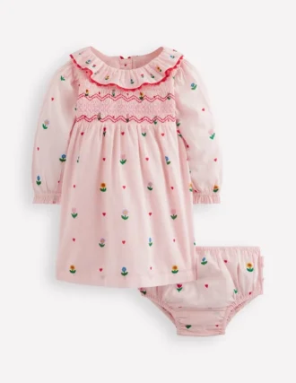Embroidered Smocked Dress Pink Multi Floral Heart Flower
