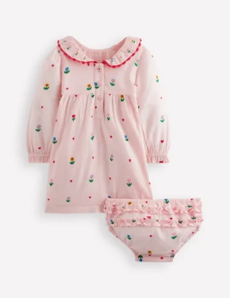 Embroidered Smocked Dress Pink Multi Floral Heart Flower