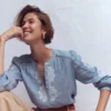 Embroidered Trim Interest Top Chambray Embroidered Trim Interest Top Chambray
