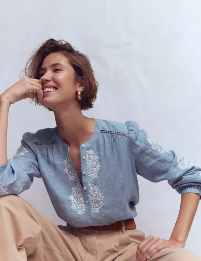 Embroidered Trim Interest Top Chambray Embroidered Trim Interest Top Chambray