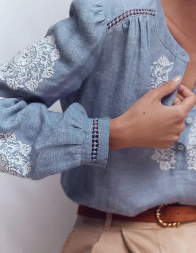 Embroidered Trim Interest Top Chambray Embroidered Trim Interest Top Chambray