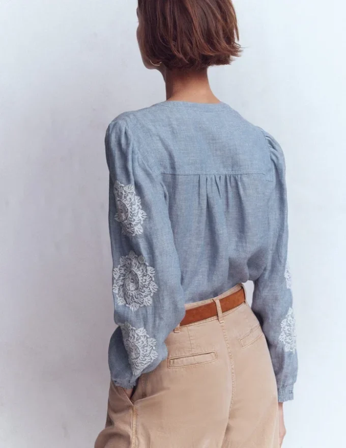 Embroidered Trim Interest Top Chambray Embroidered Trim Interest Top Chambray