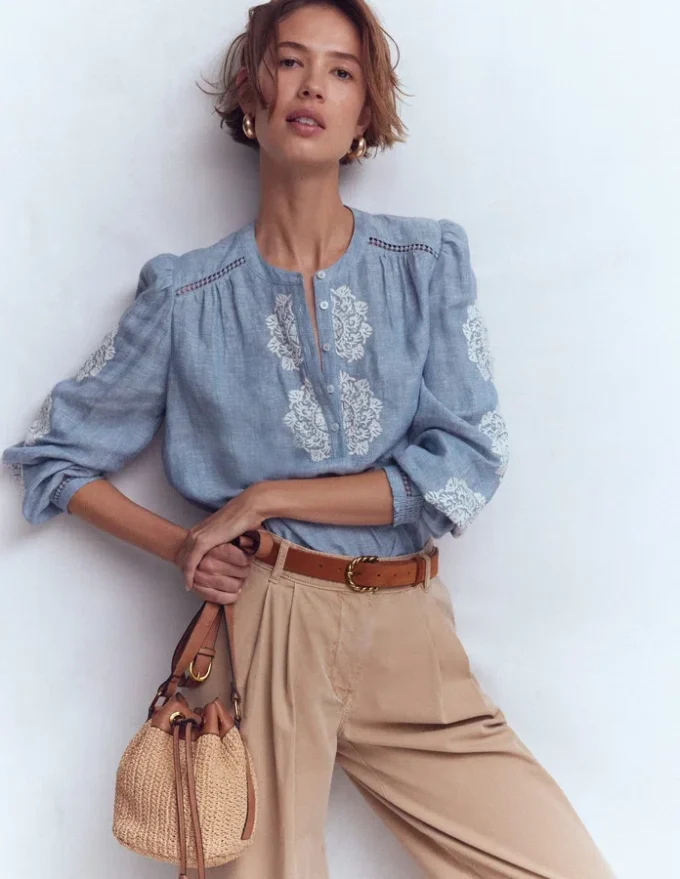 Embroidered Trim Interest Top Chambray Embroidered Trim Interest Top Chambray