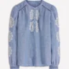 Embroidered Trim Interest Top Chambray Embroidered Trim Interest Top Chambray