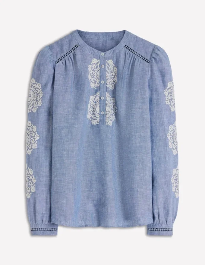 Embroidered Trim Interest Top Chambray Embroidered Trim Interest Top Chambray