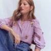 Embroidered Trim Interest Top Purple Stripe Embroidery Embroidered Trim Interest Top Purple Stripe Embroidery