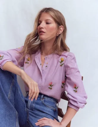 Embroidered Trim Interest Top Purple Stripe Embroidery