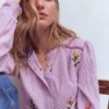 Embroidered Trim Interest Top Purple Stripe Embroidery Embroidered Trim Interest Top Purple Stripe Embroidery