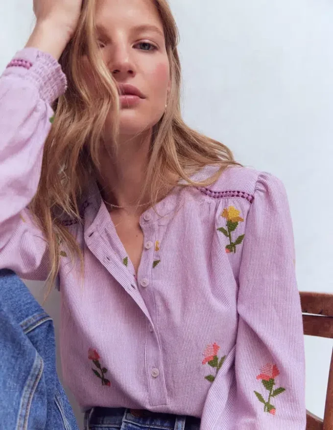 Embroidered Trim Interest Top Purple Stripe Embroidery Embroidered Trim Interest Top Purple Stripe Embroidery