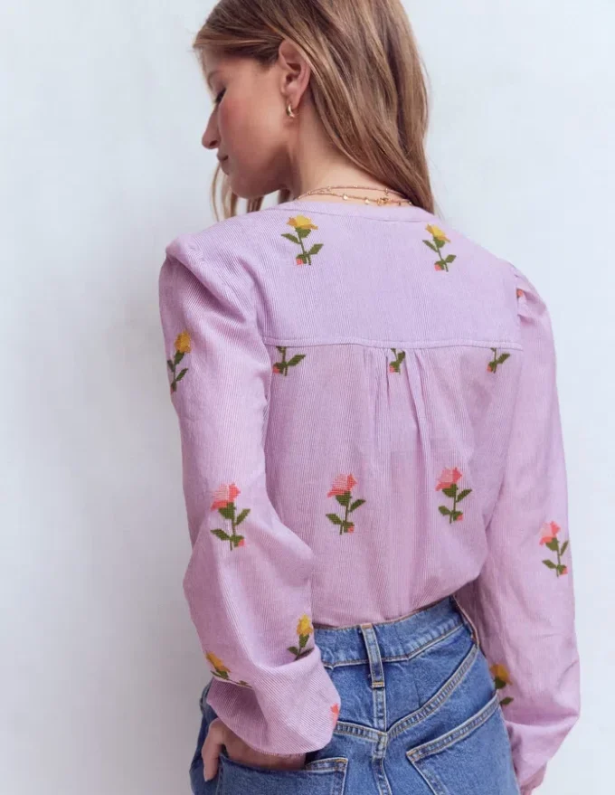 Embroidered Trim Interest Top Purple Stripe Embroidery Embroidered Trim Interest Top Purple Stripe Embroidery