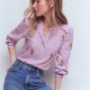Embroidered Trim Interest Top Purple Stripe Embroidery Embroidered Trim Interest Top Purple Stripe Embroidery