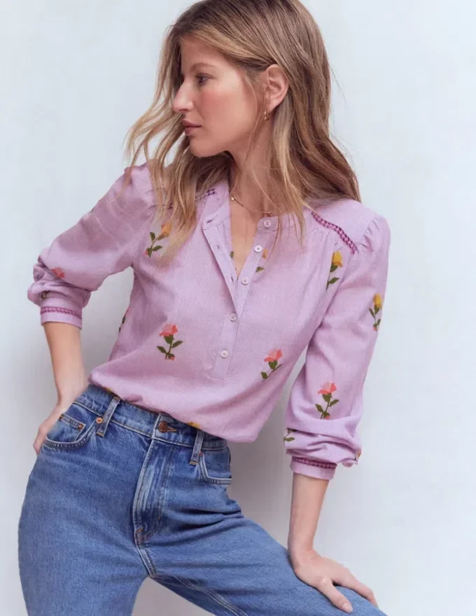 Embroidered Trim Interest Top Purple Stripe Embroidery Embroidered Trim Interest Top Purple Stripe Embroidery