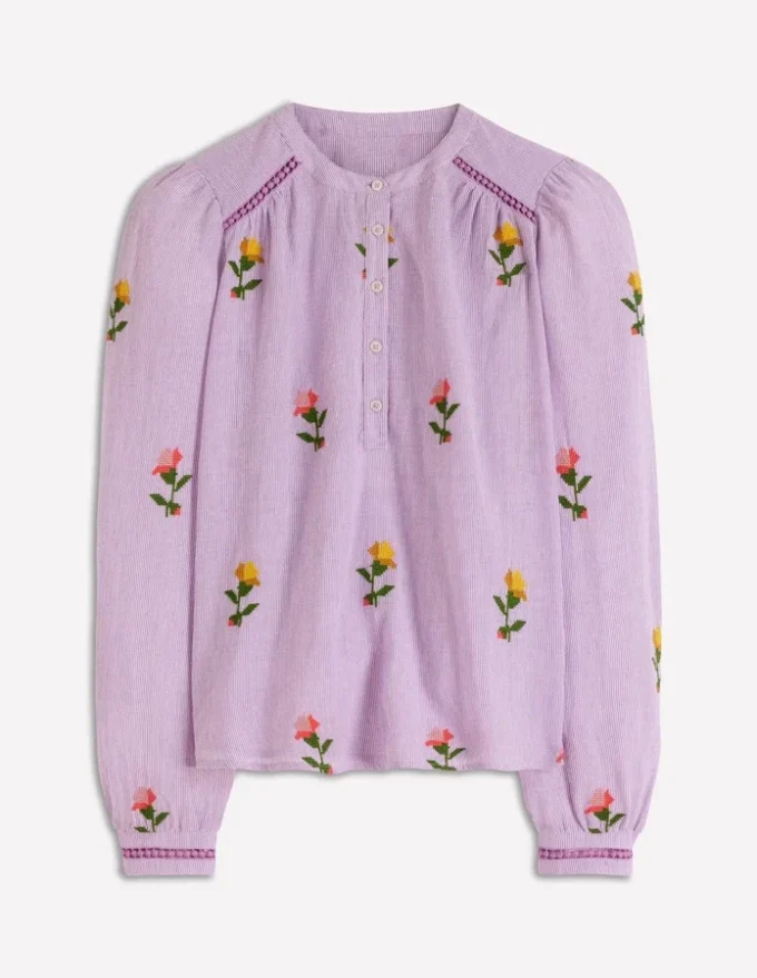 Embroidered Trim Interest Top Purple Stripe Embroidery Embroidered Trim Interest Top Purple Stripe Embroidery