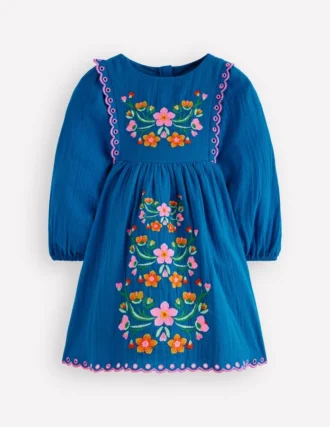 Embroidered Woven Dress Kingfisher Blue