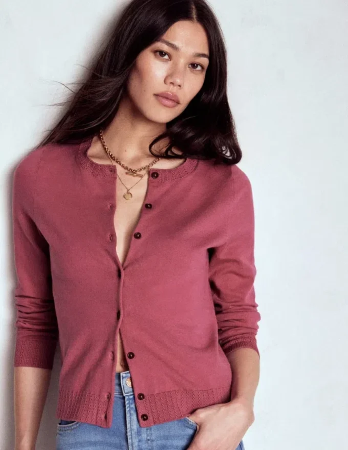 Emilia Cotton Crew Cardigan Pink Heather Emilia Cotton Crew Cardigan Pink Heather